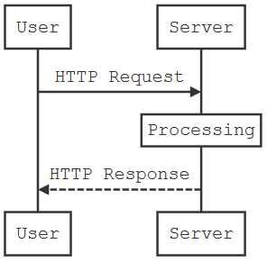 A diagram showing the process flow between two parties, the User and the Server. The User makes a HTTP or API request to the Server. The Server may take time processing the request. Eventually, the Server responds with a HTTP response which is usually textual information.